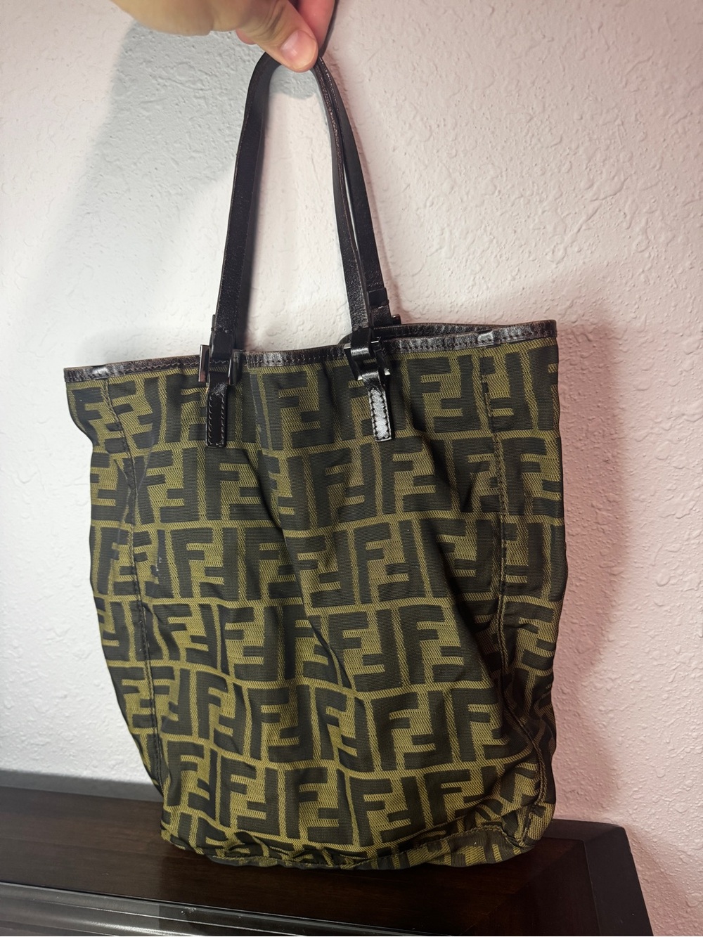 Fendi Olive Green and Black Logo Canvas Tote